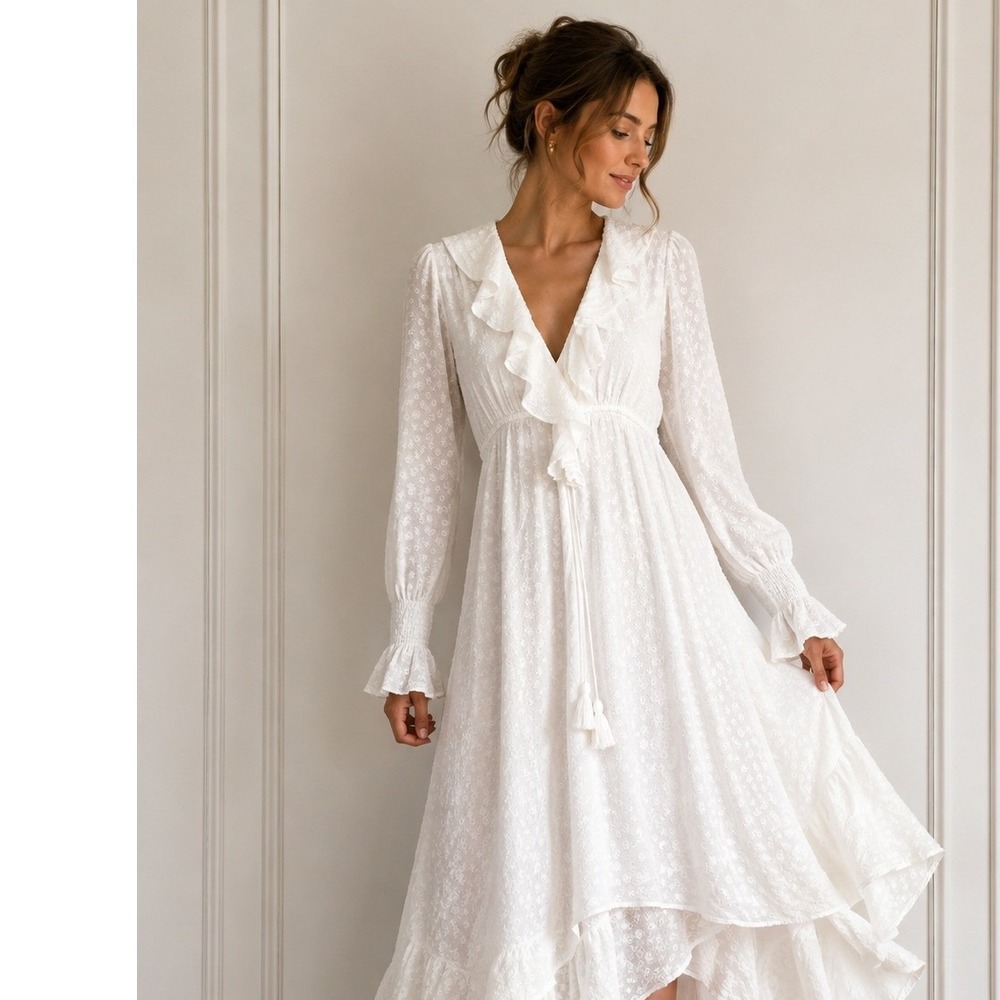 Anthro Forever That Girl Midi Dress XS White Ruffle Boho Bridal Layered Cottage